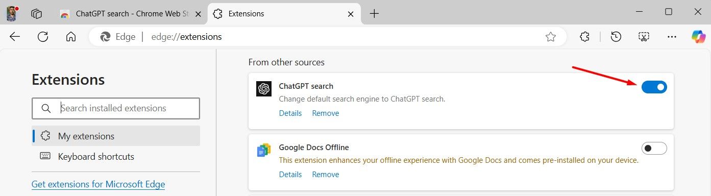 ChatGPT Search toggle in the Edge Extension page.-2