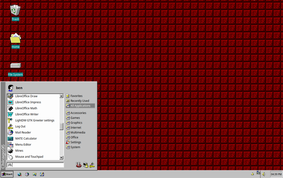 The Chicago95 style Start menu on an Xubuntu system.