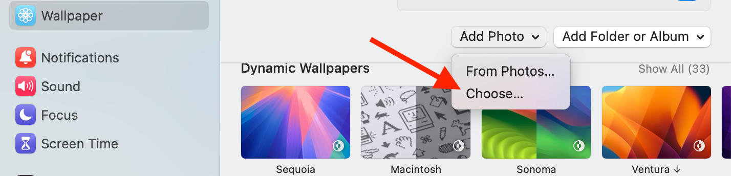 Choose photo option in Settings app on a Mac.
