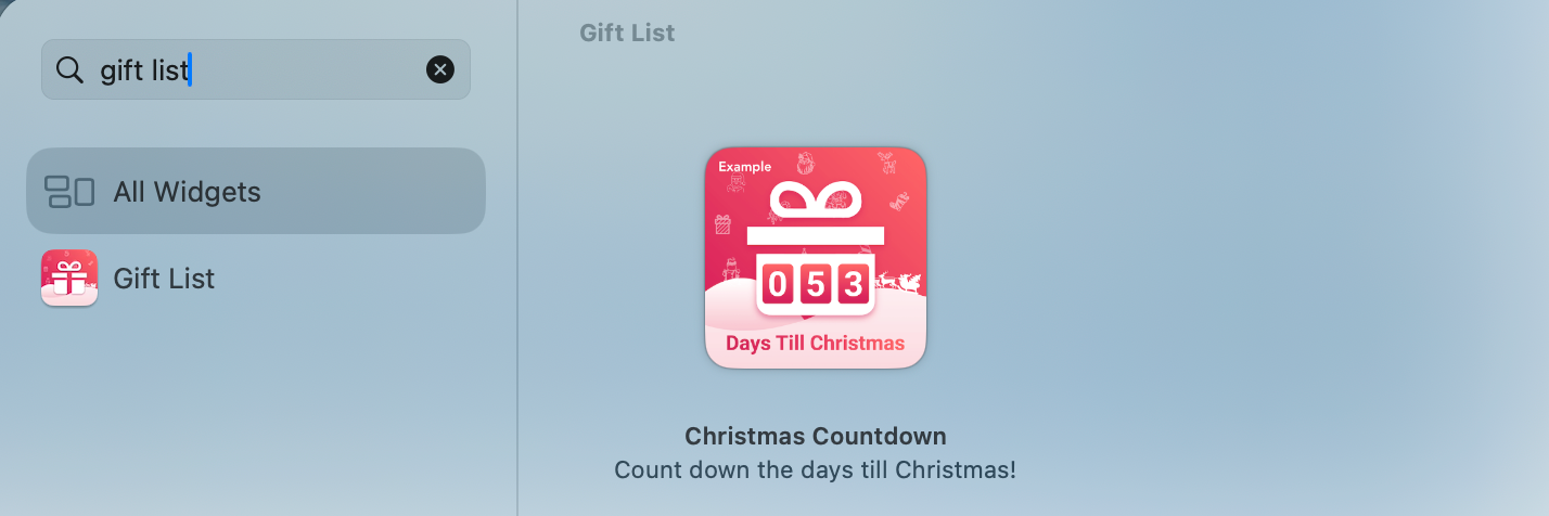 Christmas Countdown widget in widget picker on a Mac.