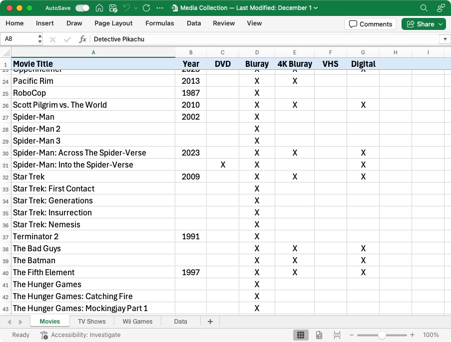 A spreadsheet with movies as rows, with columns for year, DVD, Bluray, 4K Bluray, VHS, or Digital.