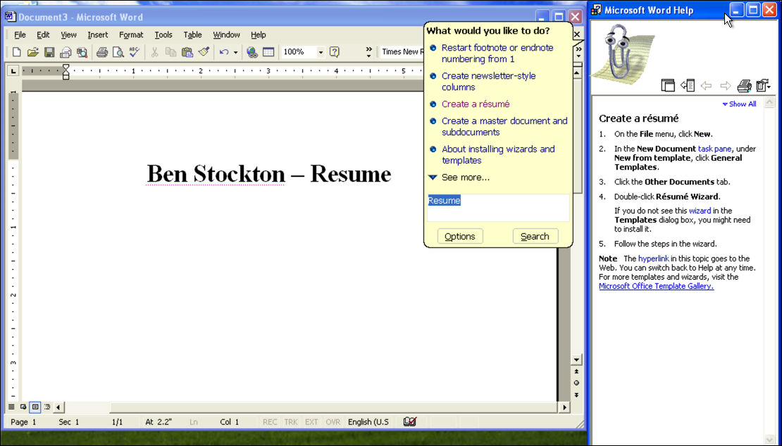 An example of a resume being written in Microsoft Word with the Clippy assistant offering help.