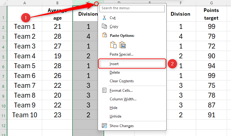 Column C in an Excel sheet is selected, and Insert in right-click menu is highlighted.