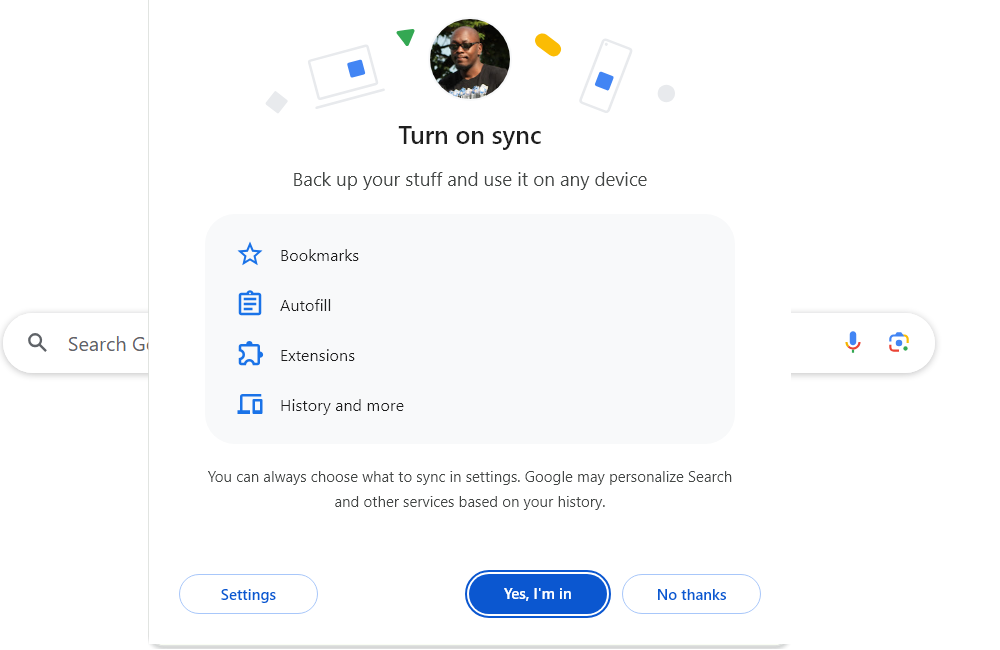 Confirming you want sync turned on when signing in to Chrome.