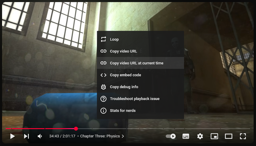 "Copy Video URL at Current Time" option on YouTube's right-click menu on desktop.