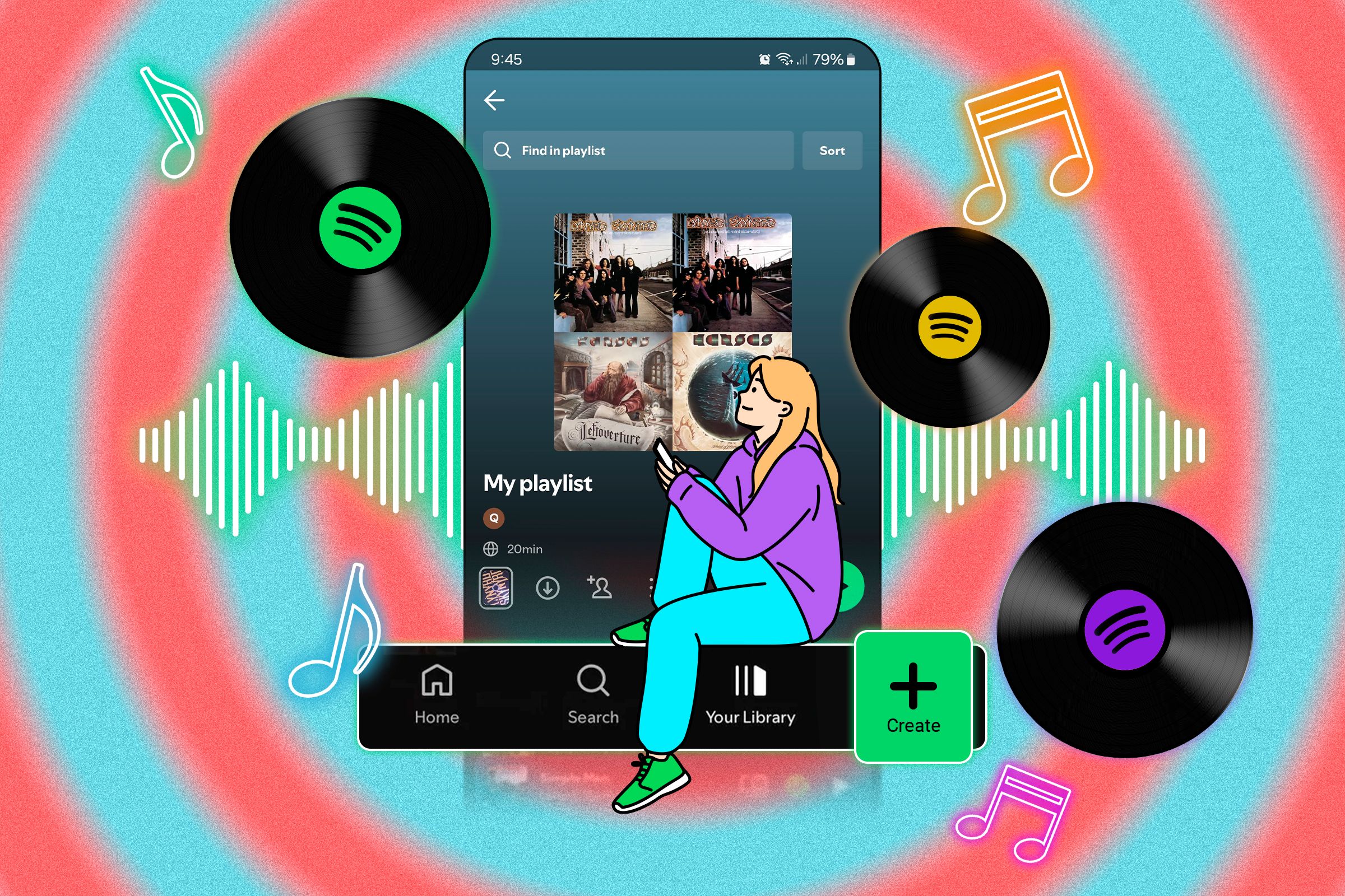 A Spotify playlist highlighting the 'Create' button, an illustration of a woman listening to music, with records and musical notes around her. 