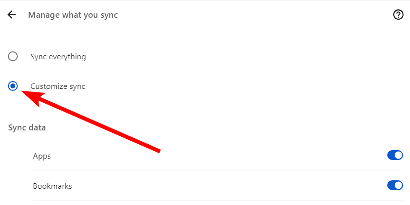 The "Customize Sync" radio button in Chrome settings.