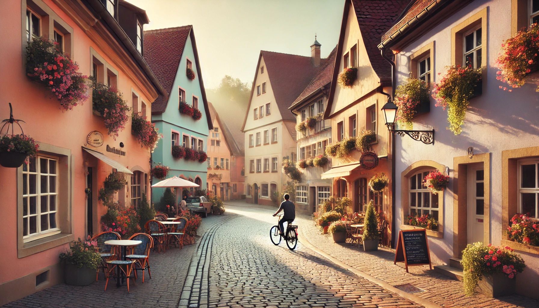 An AI-generated image of a European village street with a bicyclist riding down it.