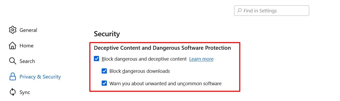 Deceptive Content and Dangerous Software Protection setting in Firefox.