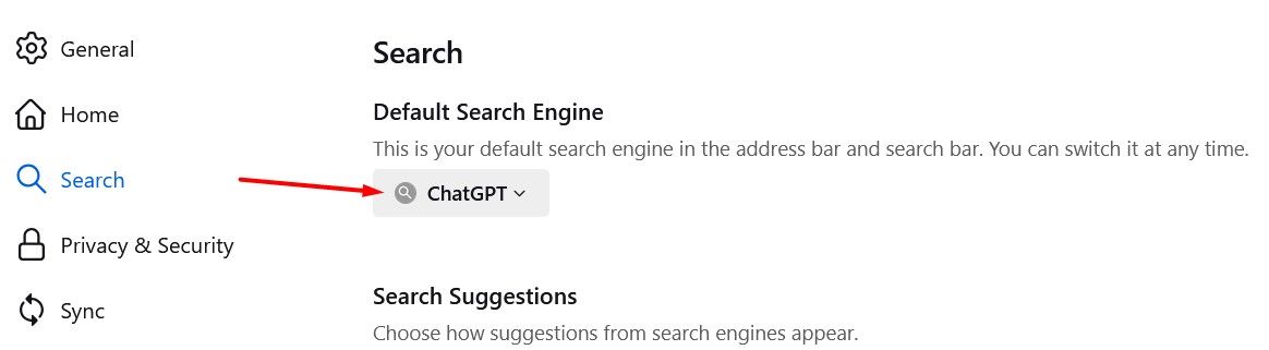 Default Seach Engine section in Firefox Settings.