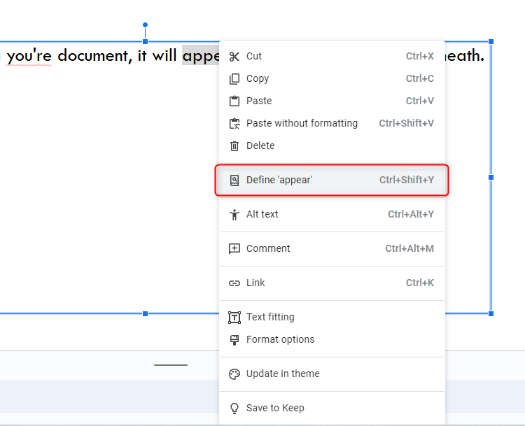 The built-in "define" function for defining words in Google Slides.