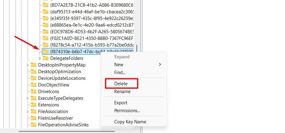 Delete option in the Registry Editor.