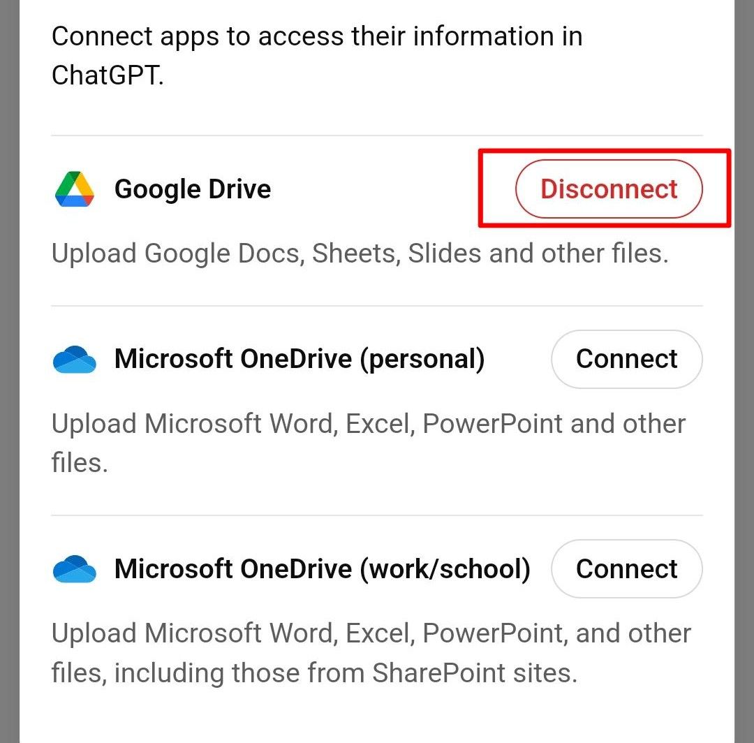 A red 'Disconnect' button beside the Google Drive option.