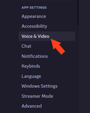 Screenshot of Discord App Settings, with an arrow pointing towards voice and video.