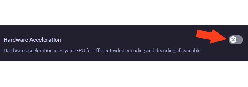 Screenshot of Discord Hardware Acceleration settings, with an arrow pointing towards the toggle being off.