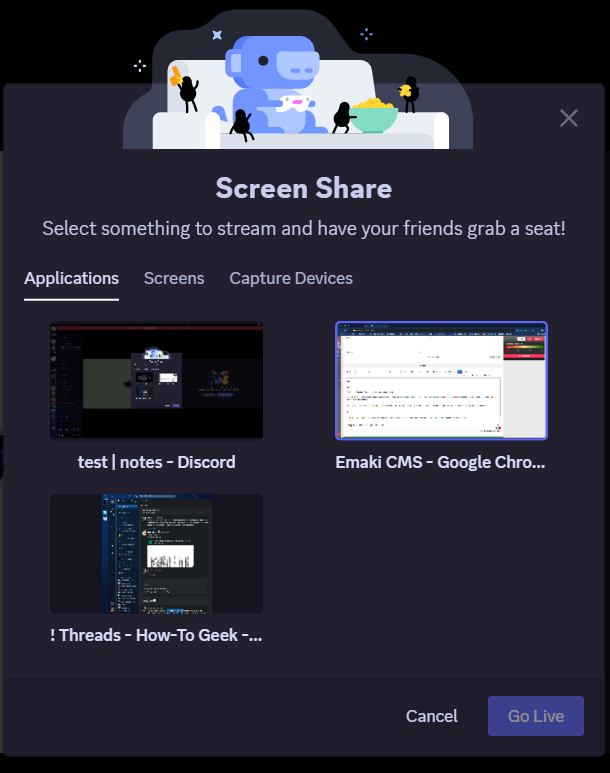 Screenshot of Discord's screen share menu