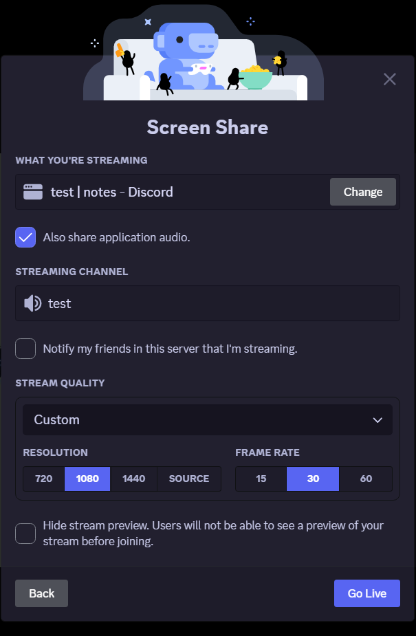 Screenshot of Discord's screen share menu