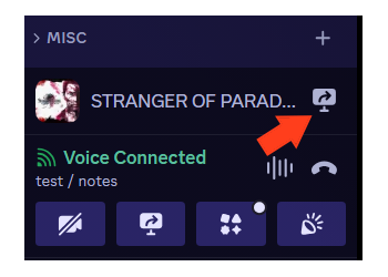 Screenshot of discord's sidebar while a game is running, with an arrow pointing to the screen share button.