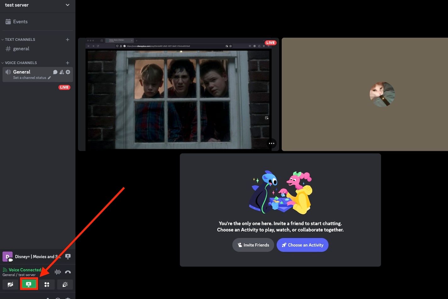 The Discord app for desktop in a voice channel,  with a red arrow pointing toward the monitor icon to stop screen sharing.