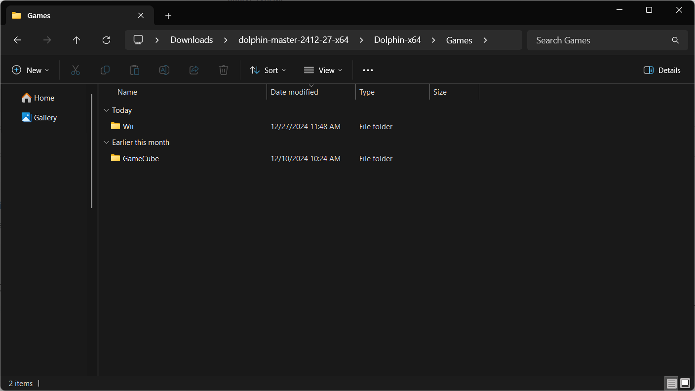 The games directory for Dolphin emulator showing a folder for Wii and GameCube games.