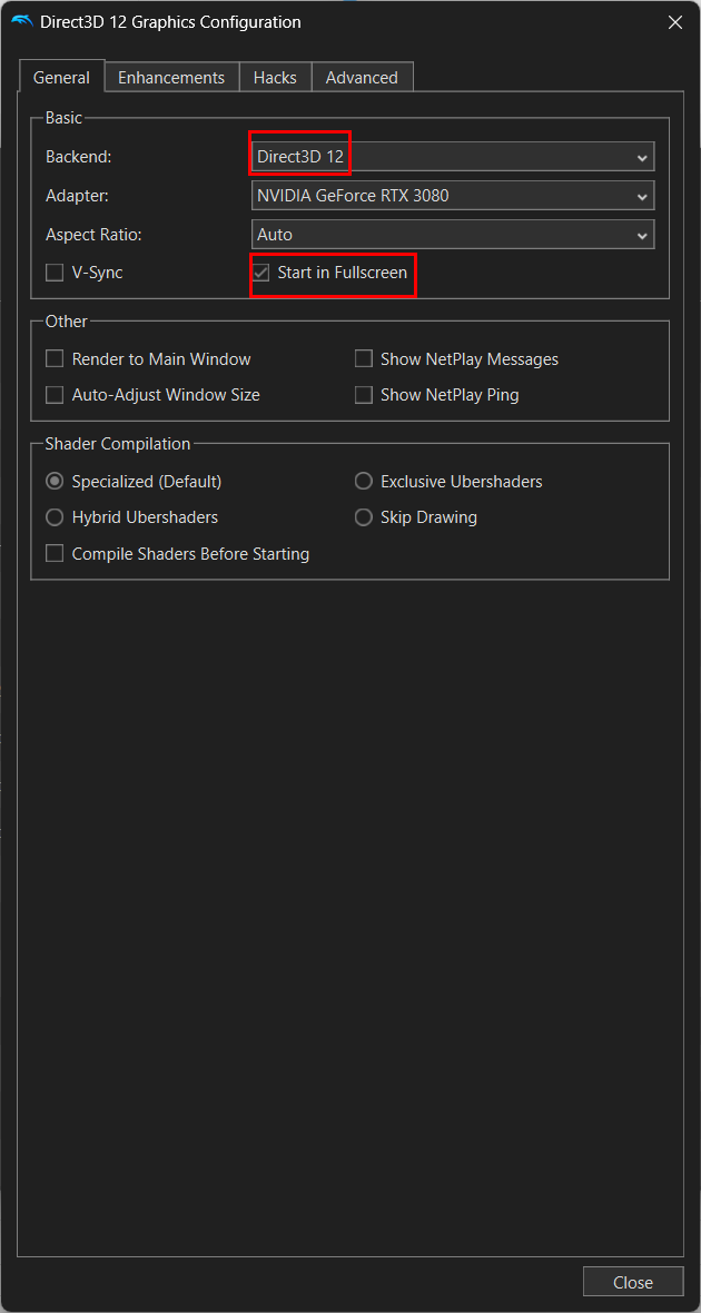 Choosing the right renderer and fullscreen mode for Dolphin emulator.