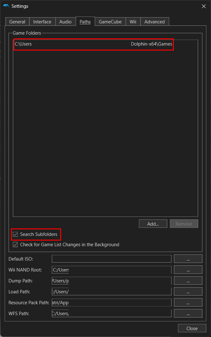 A games directory added to Dolphin emulator with search subfolders toggled on.