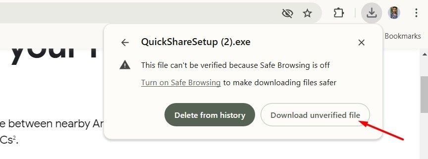 Download Unverified file option in Chrome.