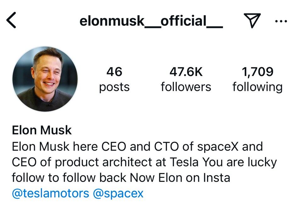 Elon Musk fake Instagram Account.