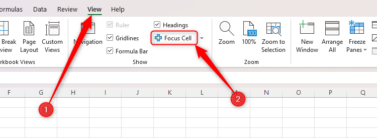 Excel's Focus Cell button in the View tab on the ribbon.