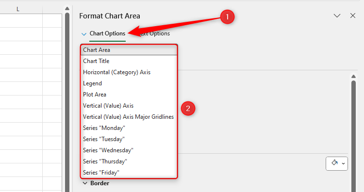 Excel's Format Chart Pane, with the first drop-down menu expanded and highlighted.