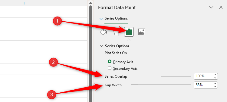 Excel's Format Data Point sidebar, with the Series Options slider bars adjusted to 100 and 58 percent, respectively.