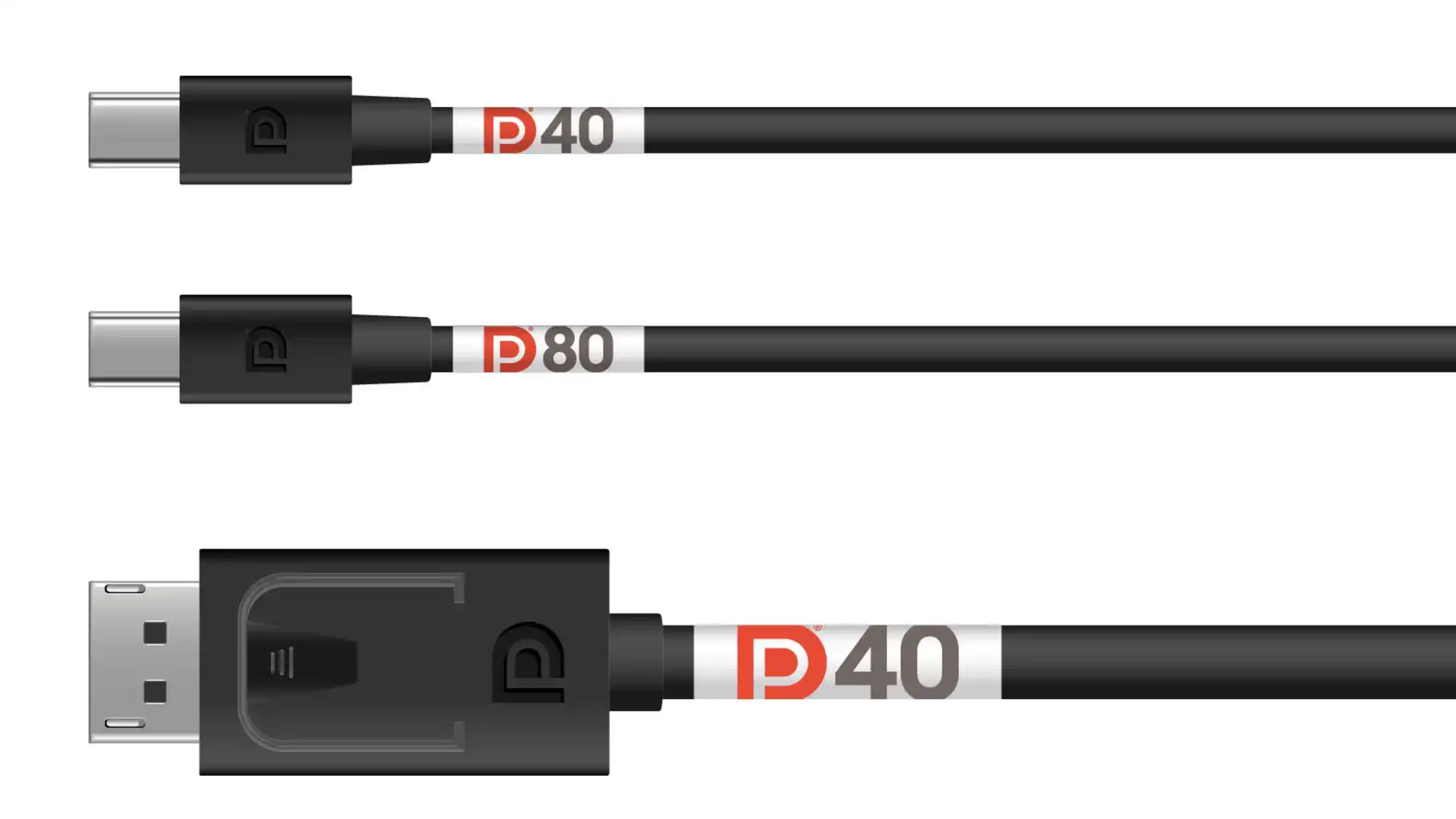 Three DisplayPort 2.1 cabels with DP 2.1-certified labels. 