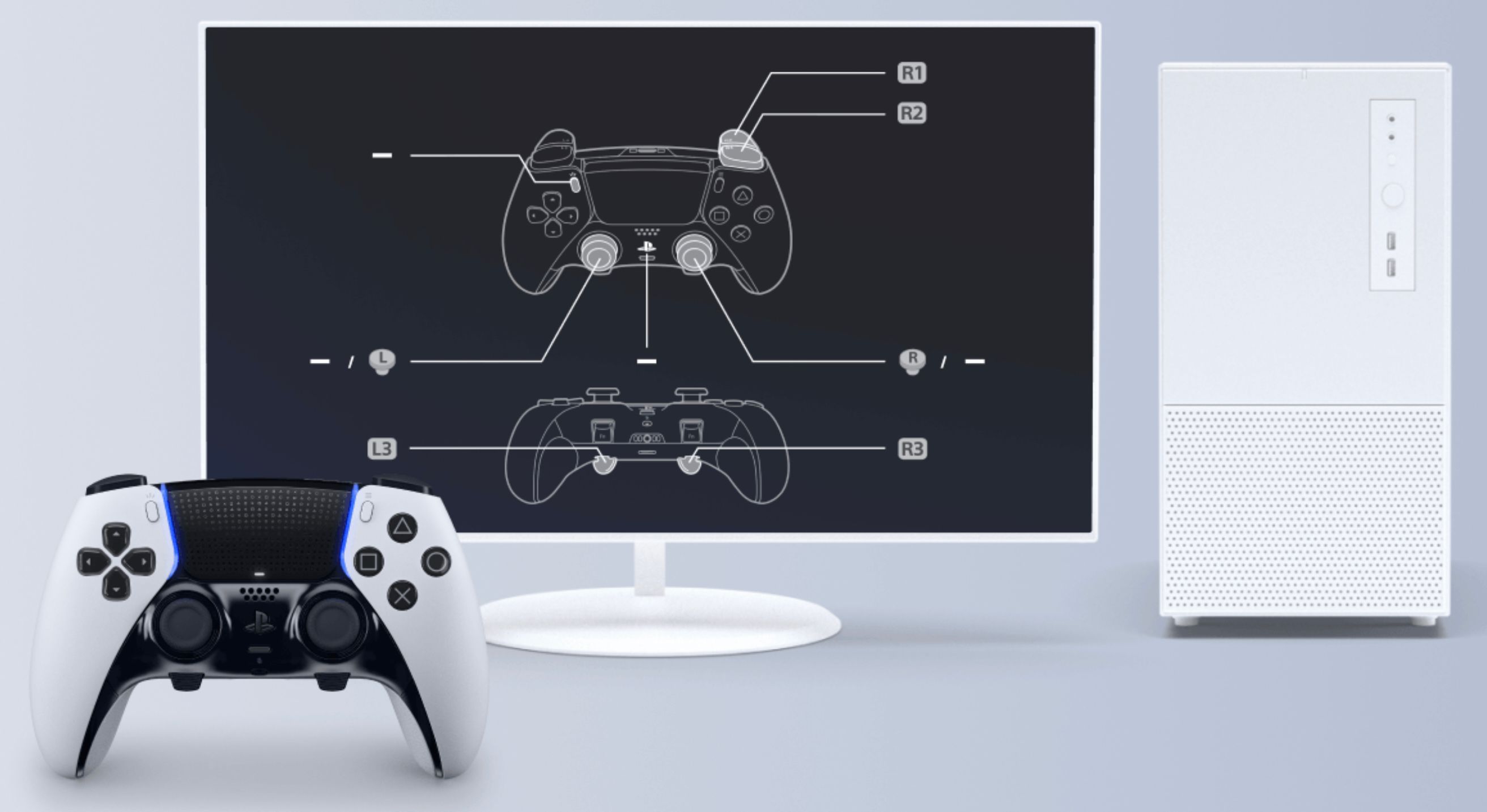 PlayStation DualSense Controller with a PC and monitor on a grey background.