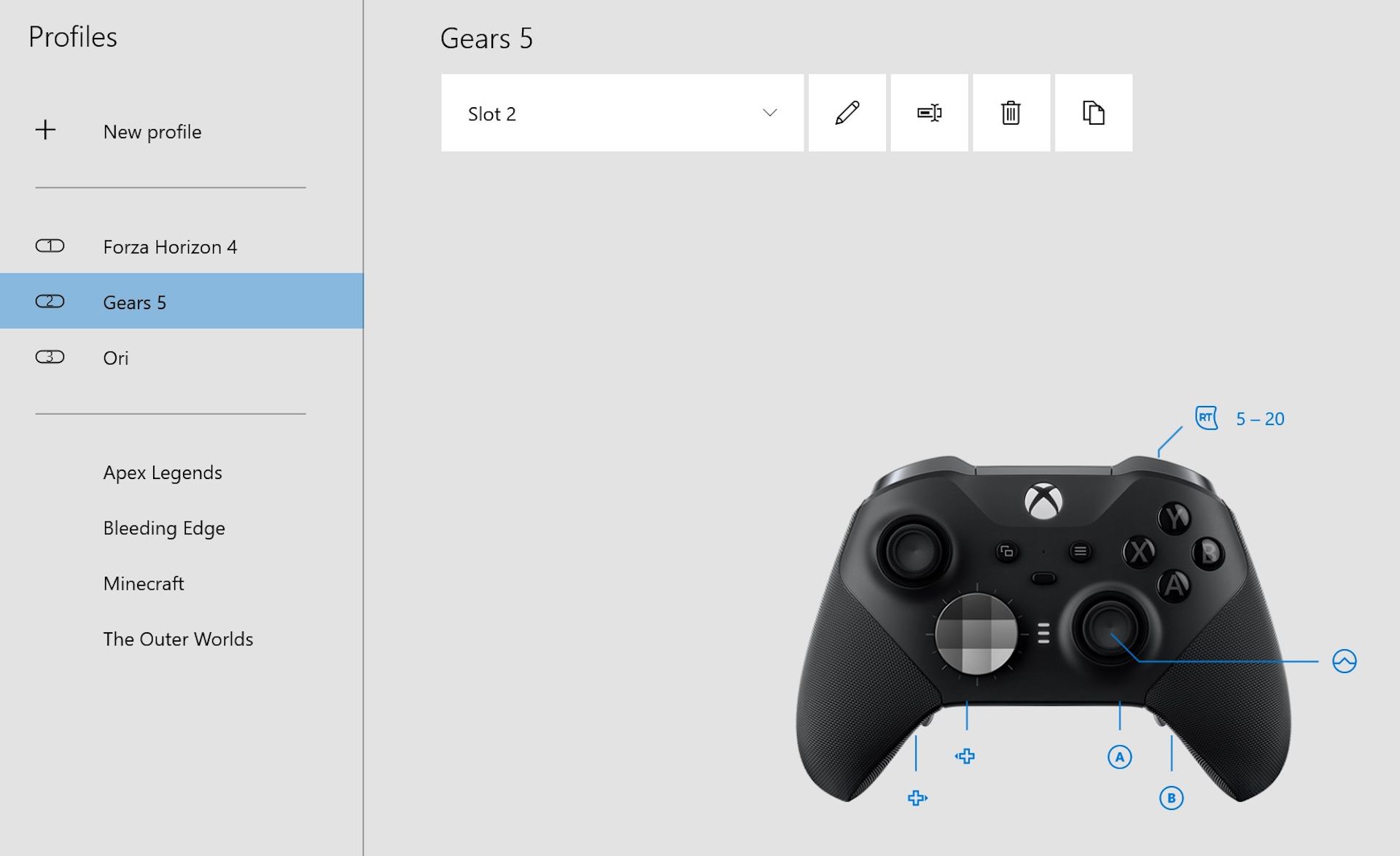 Screenshot from the Xbox Accessories app displaying an Xbox Wireless Controller.