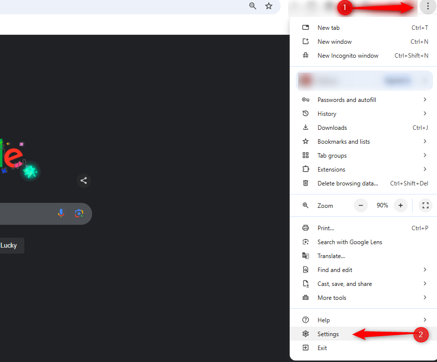 Numbered arrows pointing to Google Chrome browser settings menu.