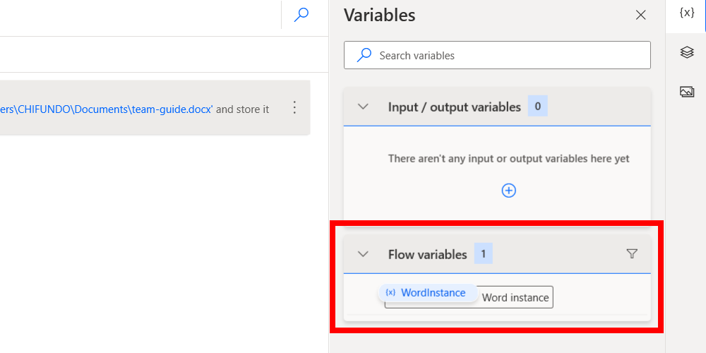 Flow variables in Power Automate on Windows.