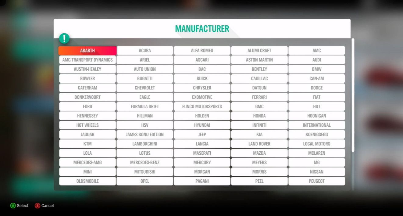 A list of car manufacturers featured in Forza Horizon 4.