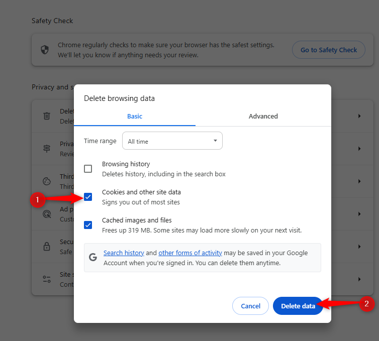 Numbered arrows pointing to check box near "Cookies and other site data" and "Delete data" button on Google Chrome settings.