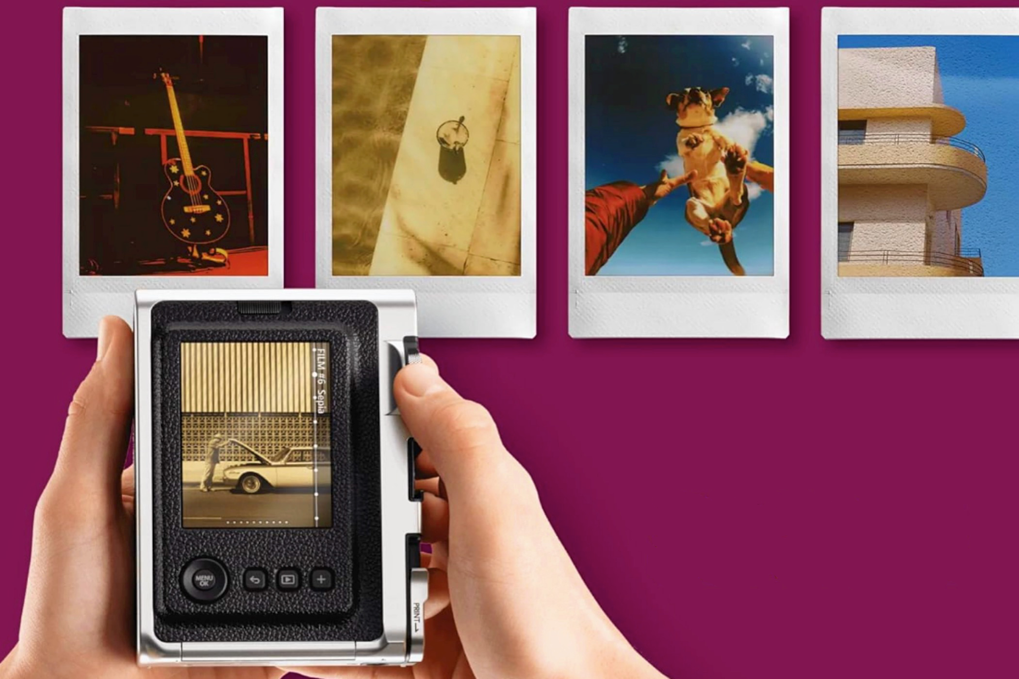 Looking at the Fujifilm Instax Mini Evo LCD with printed phots hanging up in the background.