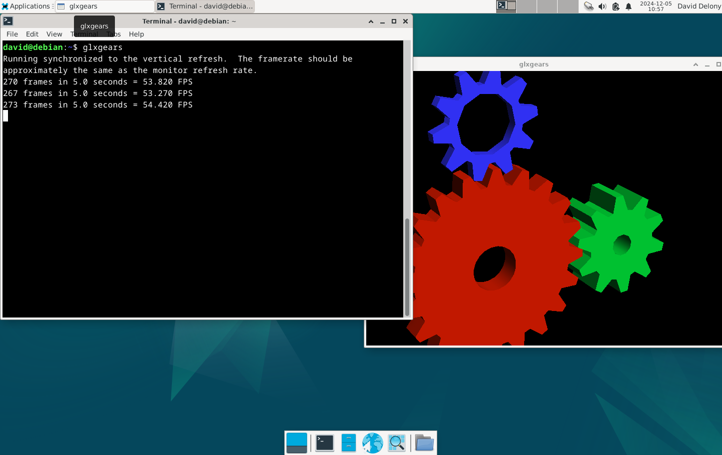 glxgears demo running on Xfce desktop in Debian with a terminal window showing frame rate updates.