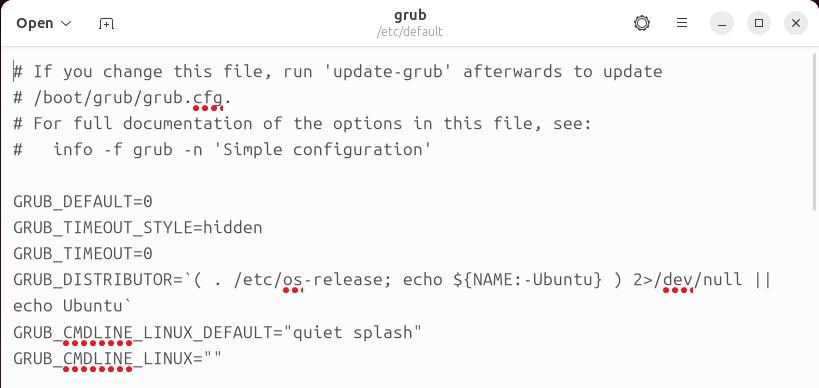 GNOME Text Editor with the GRUB2 configuration file open.