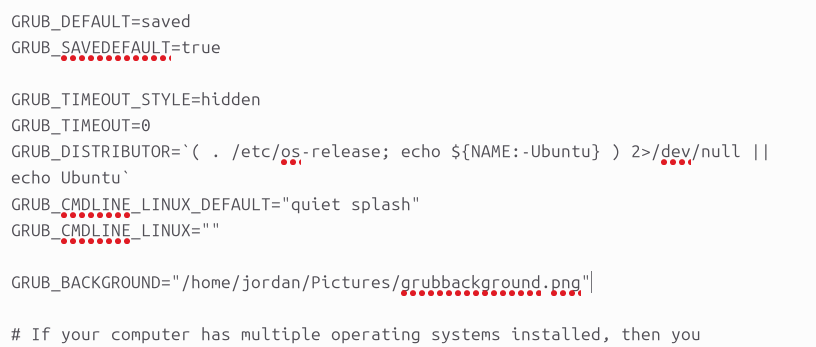 GNOME Text Editor with the GRUB2 configuration file showing a background image named.