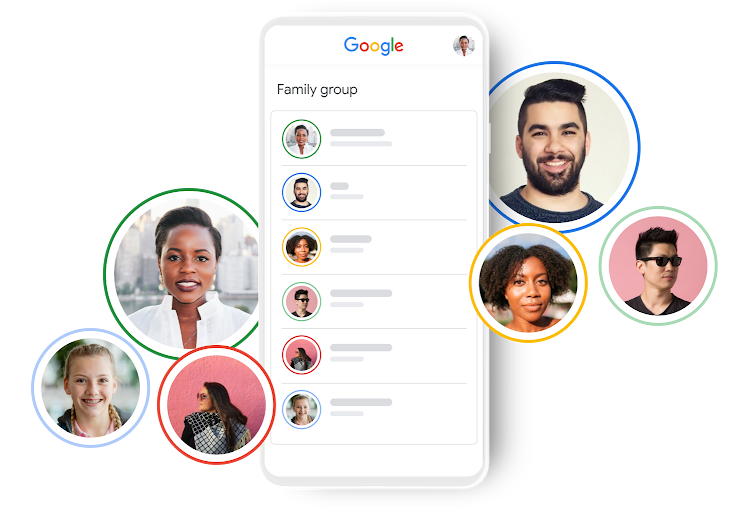 Google Family group on a phone surrounded by photos of people.