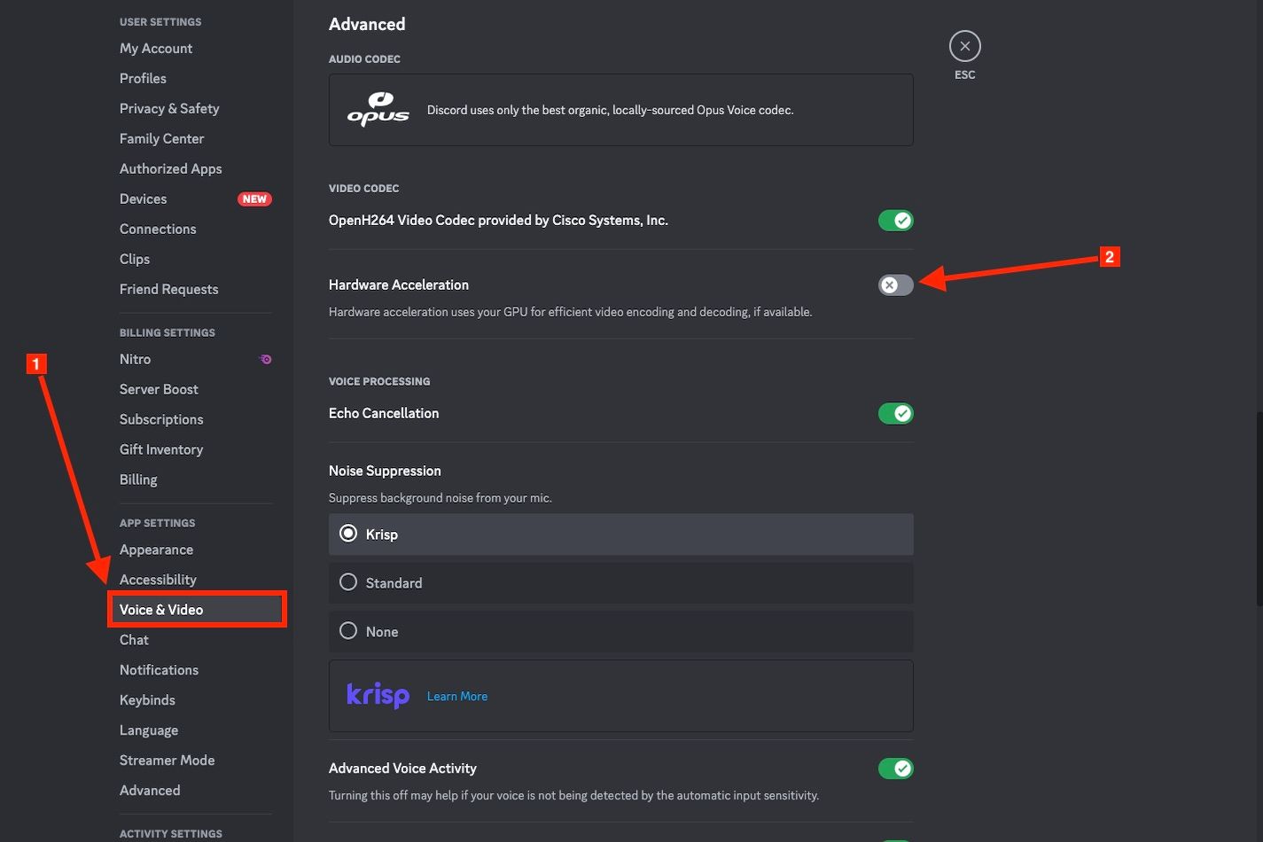 The hardware acceleration toggle in the Voice and Video menu in Discord