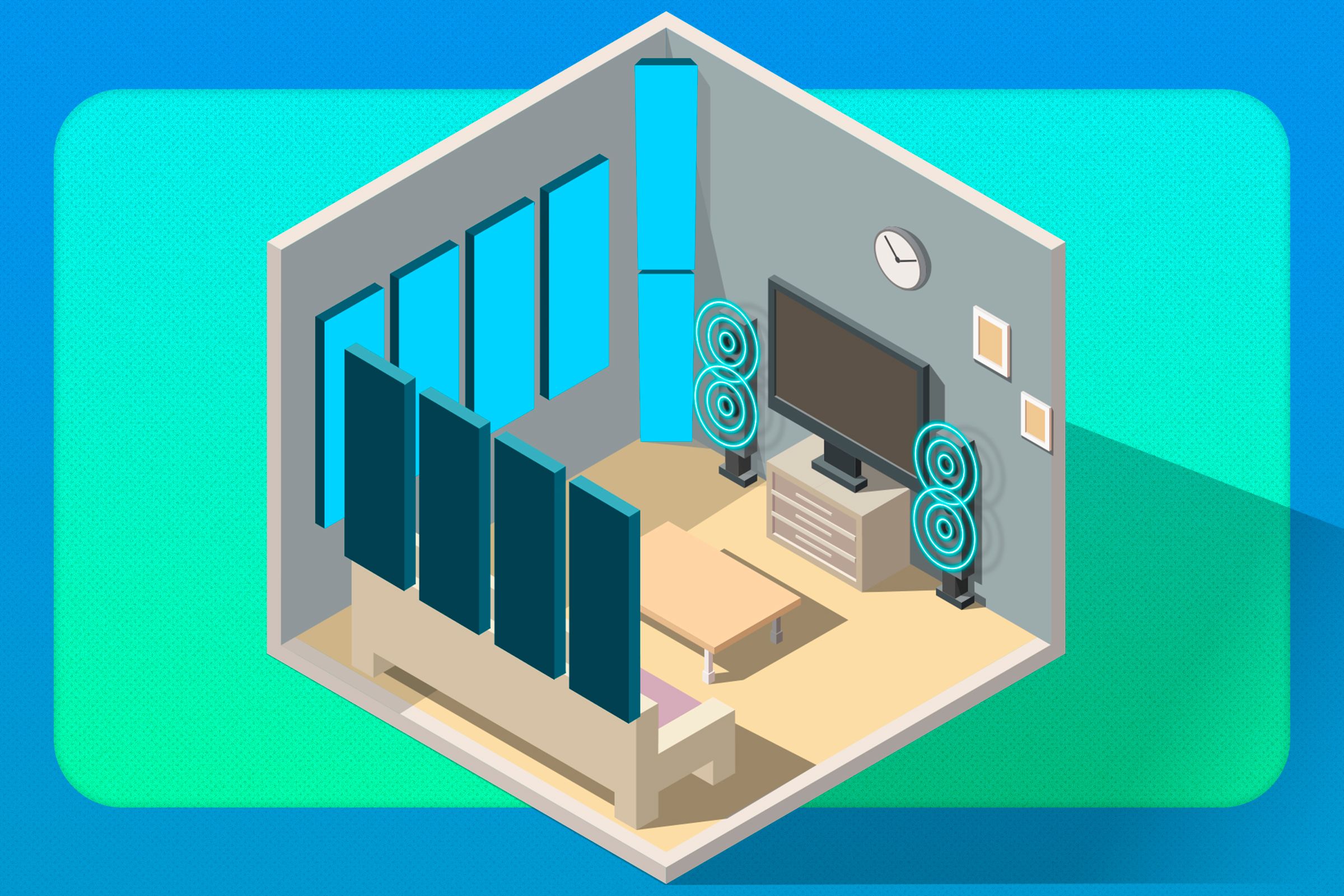 Illustration of a living room with some bass traps on the wall.