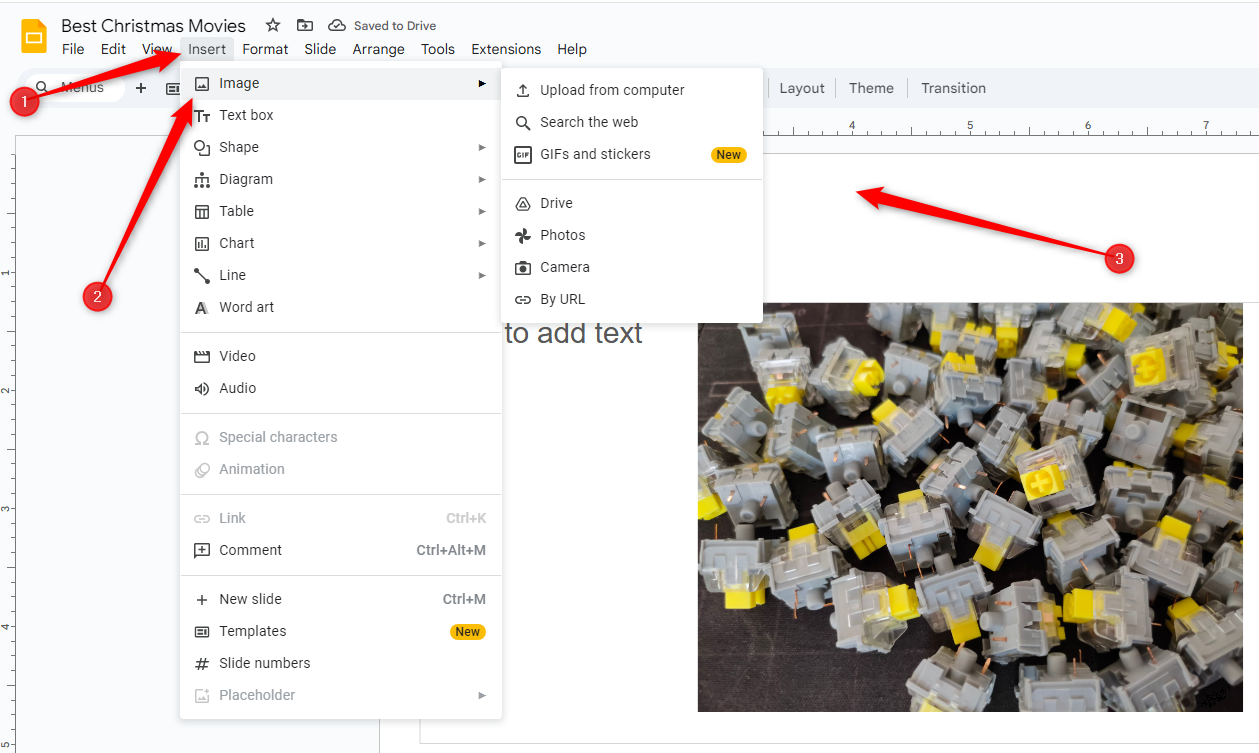 The "Insert" menu with the "Image" sub-menu opened in Google Slides.