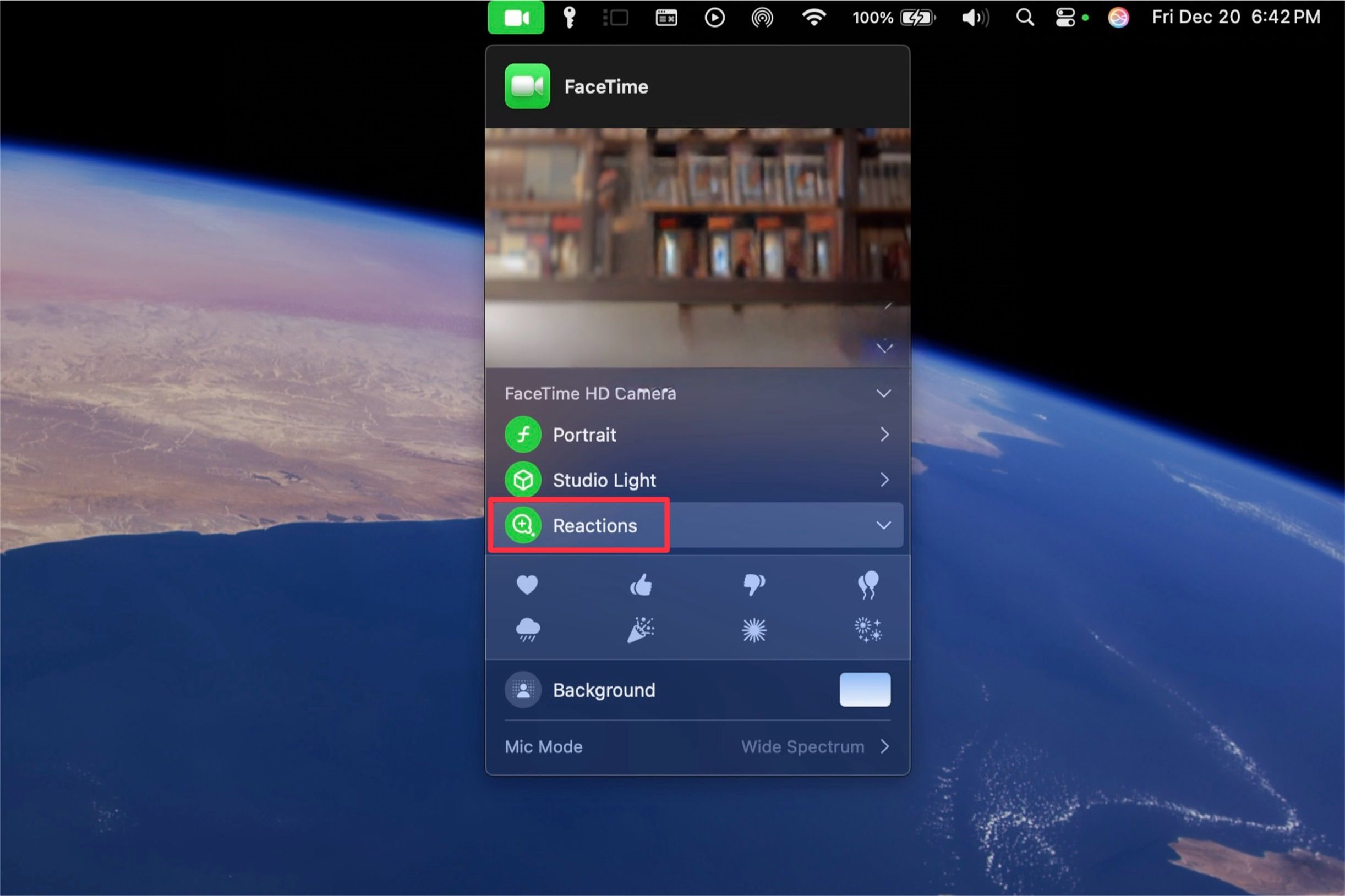 Going to the video settings while on FaceTime to disable Reactions on Mac in the menu bar.