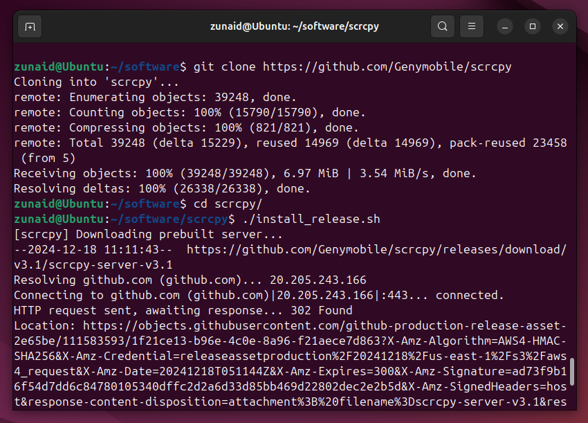 Установка scrcpy в Linux с помощью установочного скрипта.