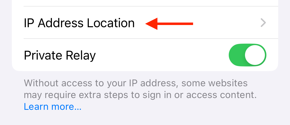 IP Address Location in iPhone settings.