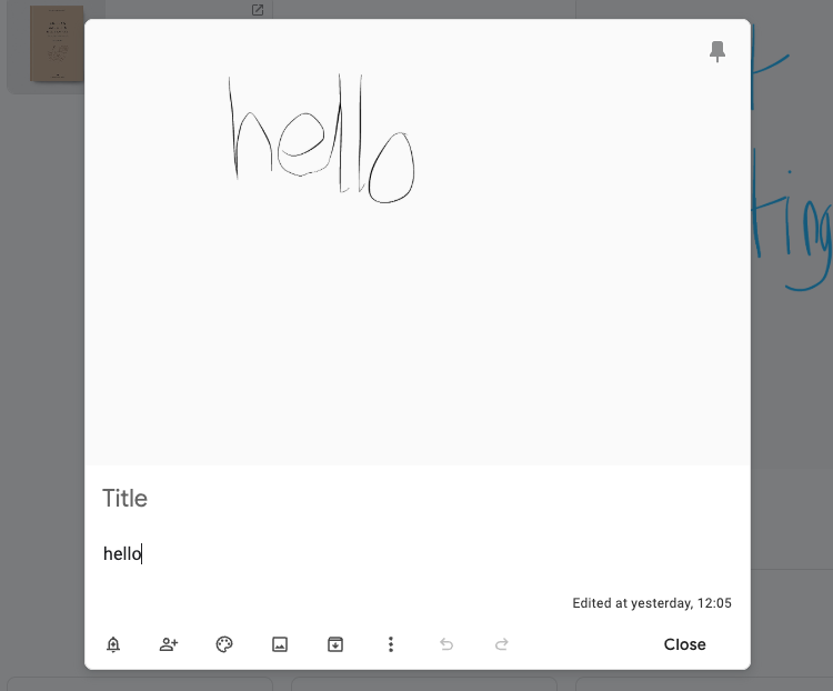 A Keep note with the word "hello" drawn as a rough illustration, above the text "hello".